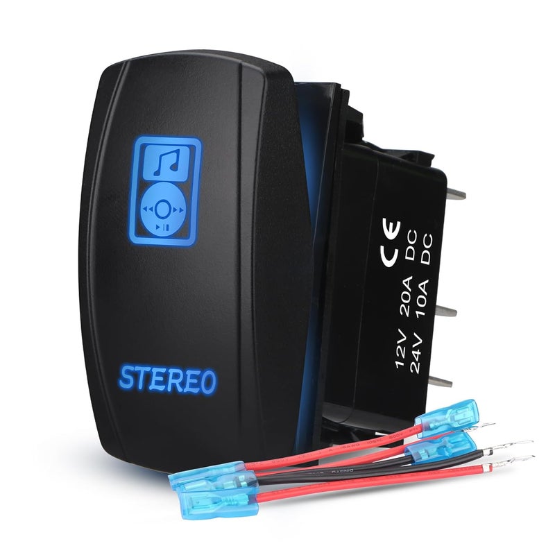 Weasch LED Stereo Rocker Switch, Laser On/Off SPST 5Pin Waterproof, 20A/12V 10A/24V, with Jumper Wires for Automotive Boat Marine Truck Jeep Music CD, Blue - Image 1